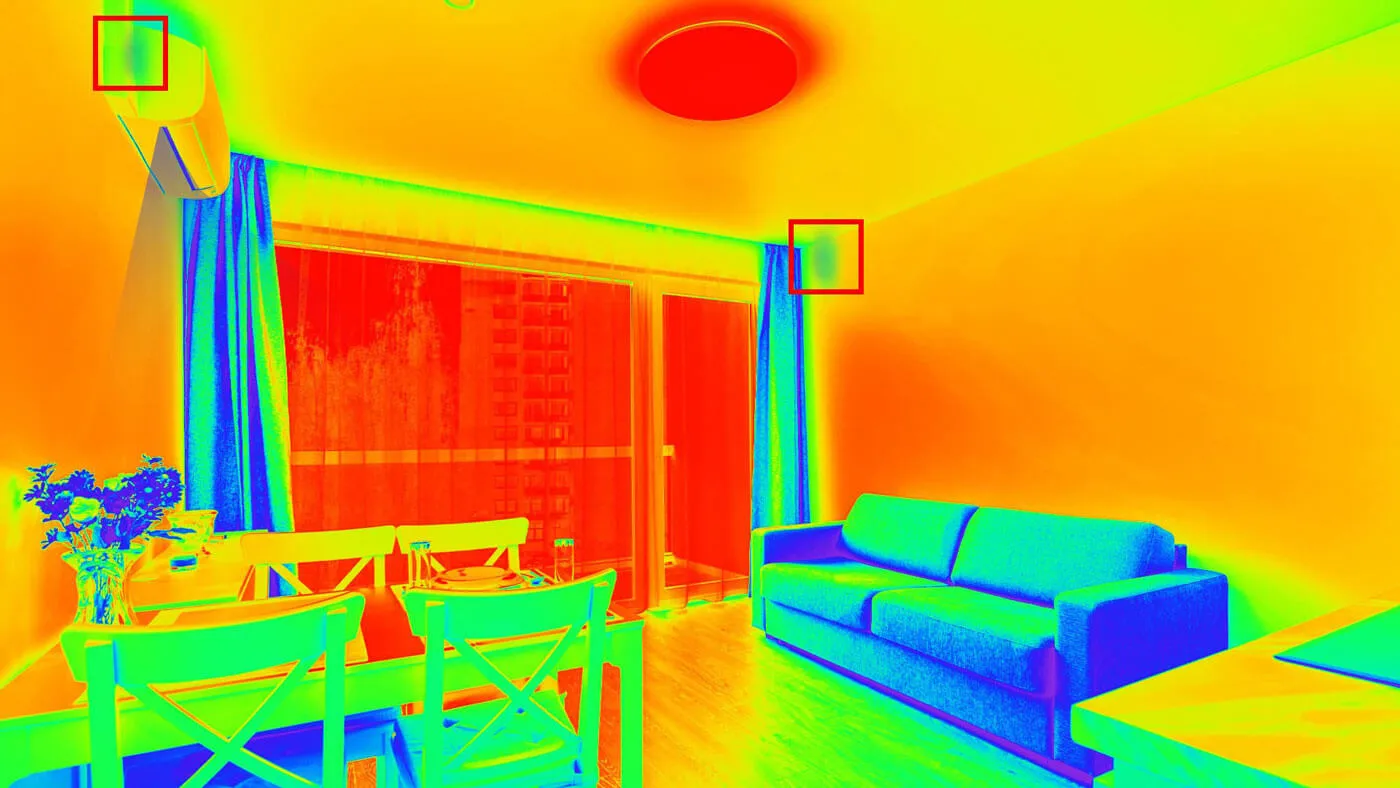 Thermal image of a living room showing an A/C leak