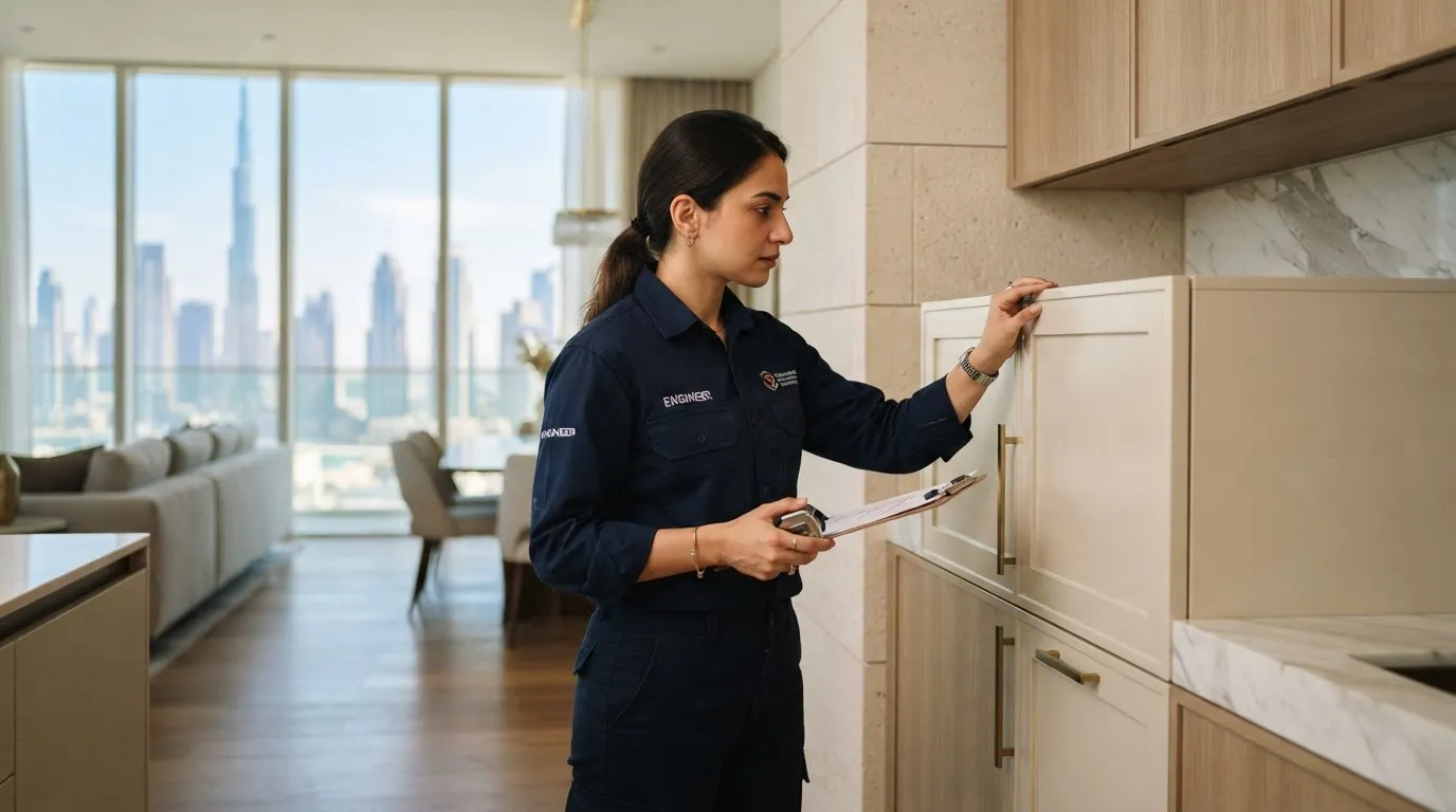 Illustrative report photo: an engineer checking kitchen cabinetry